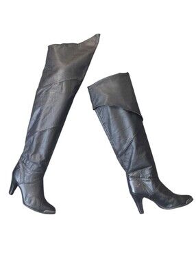 Zodiac Black Leather Over The Knee Knee-High Boots w Pointed Silver Toe Sz 7.5